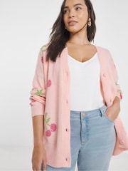 Simply Be Pink Cherry Print Boyfriend Cardigan - Image 1 of 4