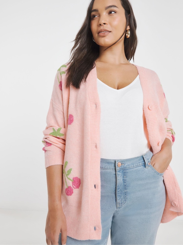 Simply Be Pink Cherry Print Boyfriend Cardigan - Image 1 of 4