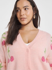 Simply Be Pink Cherry Print Boyfriend Cardigan - Image 3 of 4