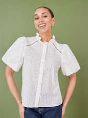 Yumi White Broderie Anglaise Puff Sleeve Shirt - Image 1 of 5