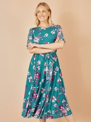 Yumi Blue Mesh Skater Floral Print Midi Dress - Image 1 of 5