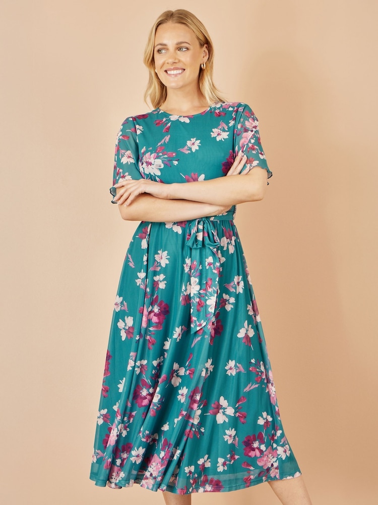 Yumi Blue Mesh Skater Floral Print Midi Dress - Image 1 of 5