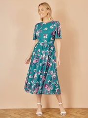 Yumi Blue Mesh Skater Floral Print Midi Dress - Image 2 of 5