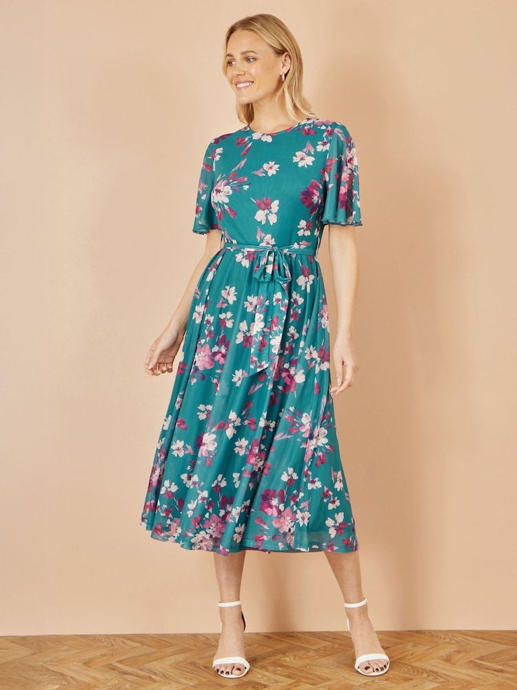 Yumi Blue Mesh Skater Floral Print Midi Dress - Image 2 of 5