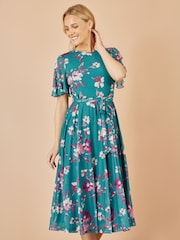Yumi Blue Mesh Skater Floral Print Midi Dress - Image 4 of 5