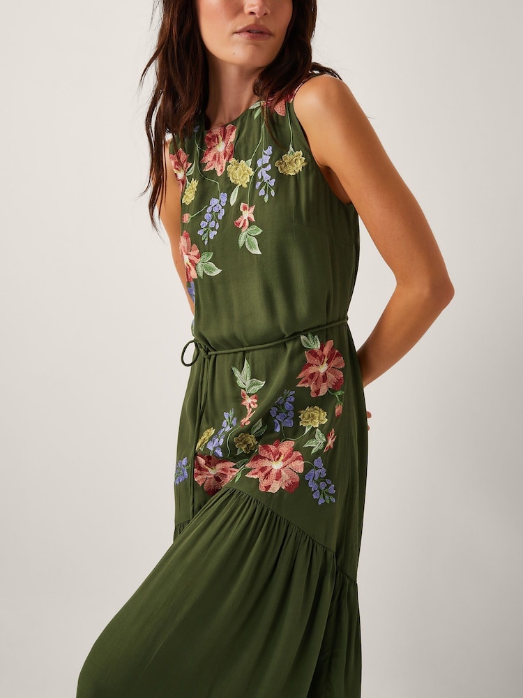 Monsoon Green Odelle Floral Print Embroidered Midi Dress - Image 4 of 5