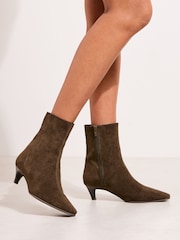 Friends Like These Olive Green Standard fit Faux Suede Kitten Heel Smart Point Ankle Boots - Image 3 of 4