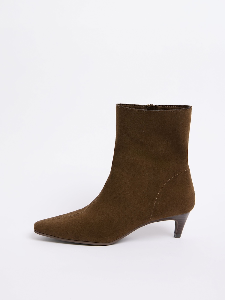 Friends Like These Khaki Brown Standard fit Faux Suede Kitten Heel Smart Point Ankle Boots - Image 5 of 5