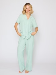 Loungeable Green Rib Traditional Short Sleeve Shirt and Trousers Pyjamas Set - Image 5 of 6