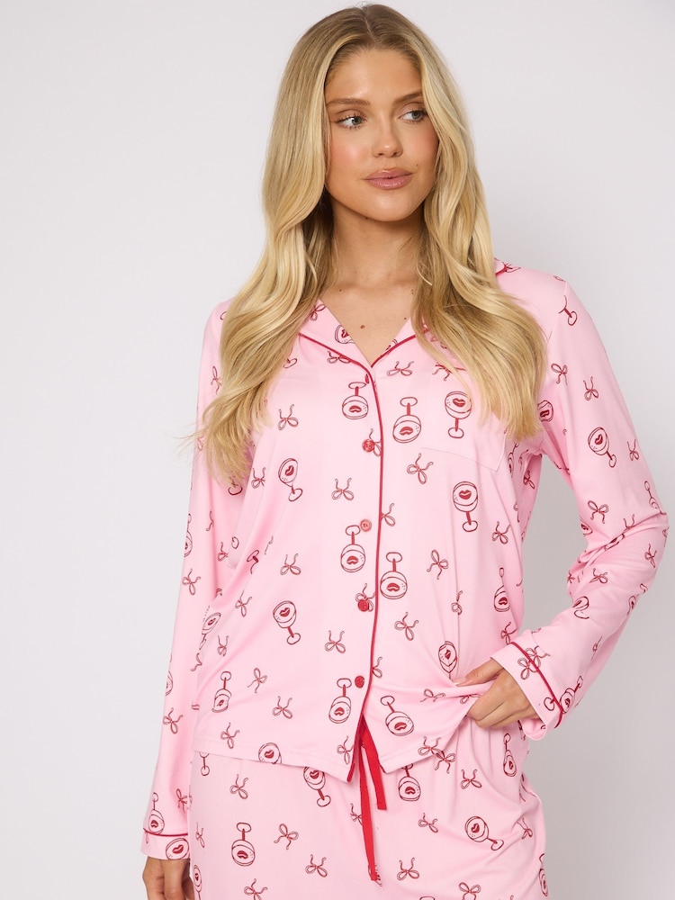 Loungeable Pink Martini Long Sleeve Button Through Pyjamas - Image 1 of 4 Loungeable Pink Martini Long Sleeve Button Through Pyjamas - Image 1 of 4