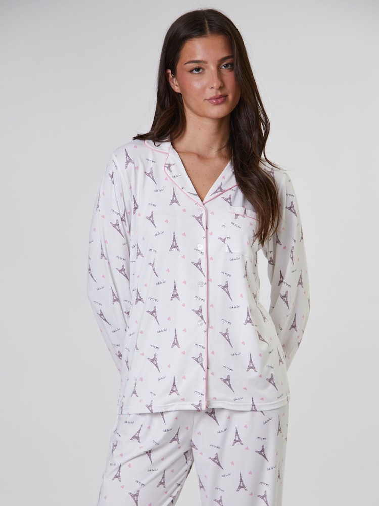 Loungeable White/Pink Paris Ooh Lala Long Sleeve Button Through Pyjamas - Image 1 of 5 Loungeable White/Pink Paris Ooh Lala Long Sleeve Button Through Pyjamas - Image 1 of 5