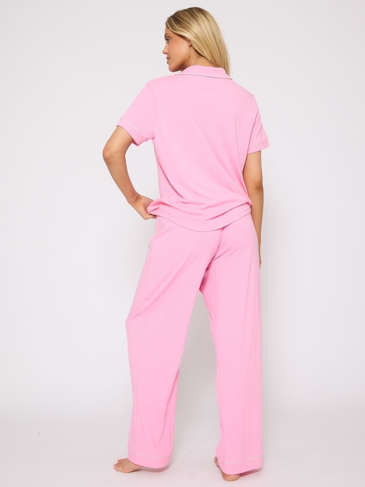 Loungeable Pink Rib Traditional Short Sleeve Shirt and Trousers Pyjamas Set - Image 5 of 5