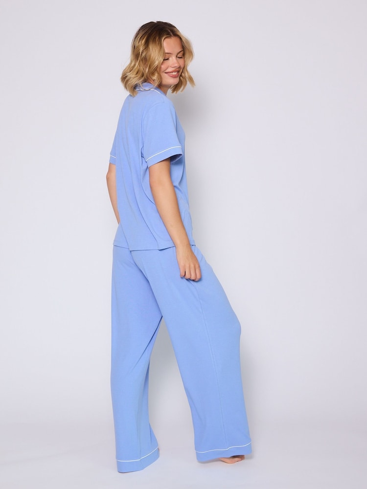 Loungeable Blue Rib Traditional Short Sleeve Shirt and Trousers Pyjamas Set - Image 5 of 5