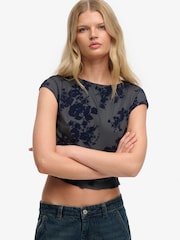 Superdry Blue Flocked Mesh Short Sleeve Top - Image 1 of 5