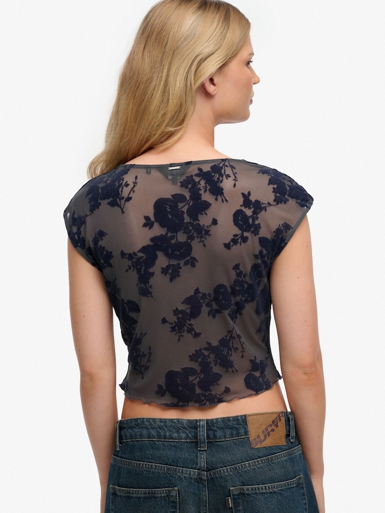 Superdry Blue Flocked Mesh Short Sleeve Top - Image 2 of 5