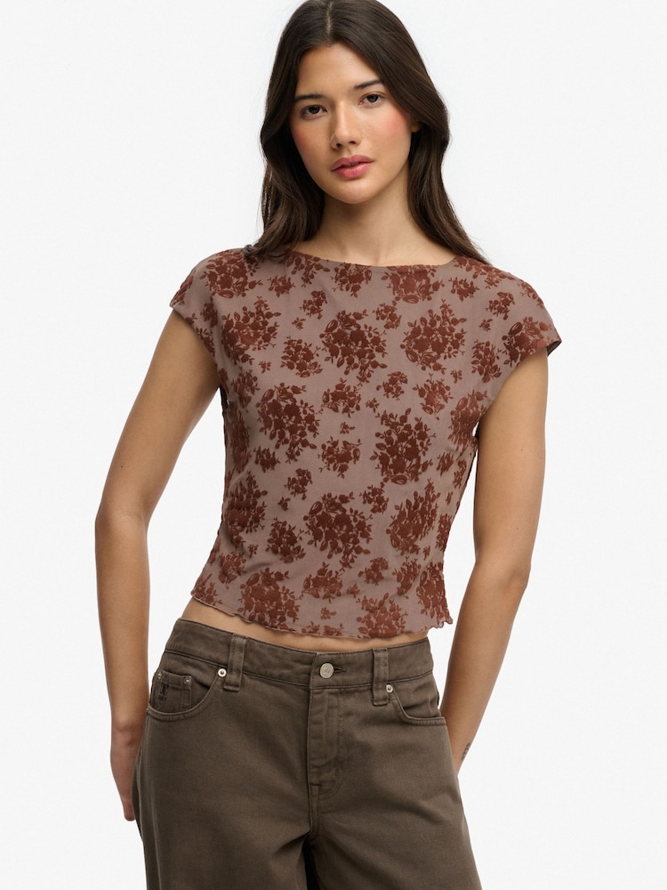 Superdry Red Flocked Mesh Short Sleeve Top - Image 2 of 5