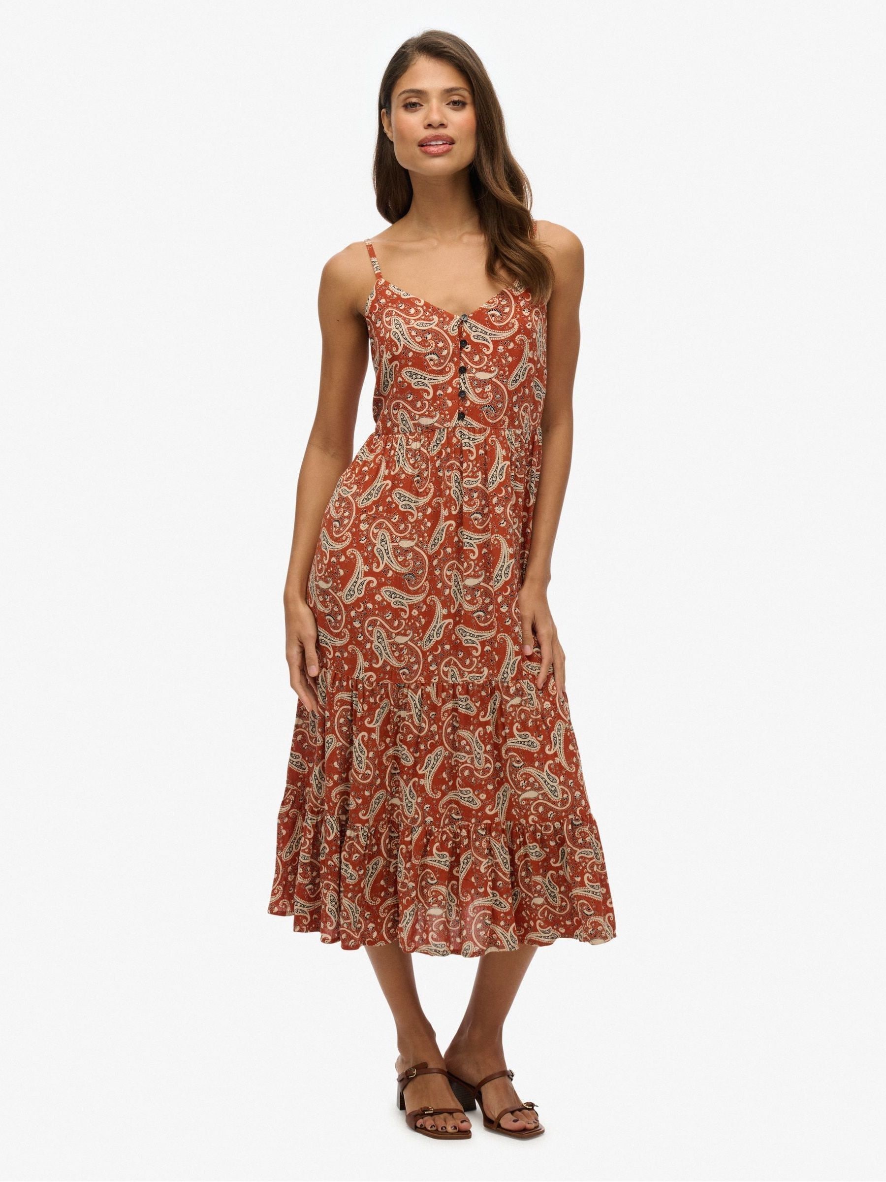 Superdry Brown Half Button Tiered Midi Dress