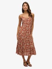 Superdry Brown Half Button Tiered Midi Dress - Image 1 of 7