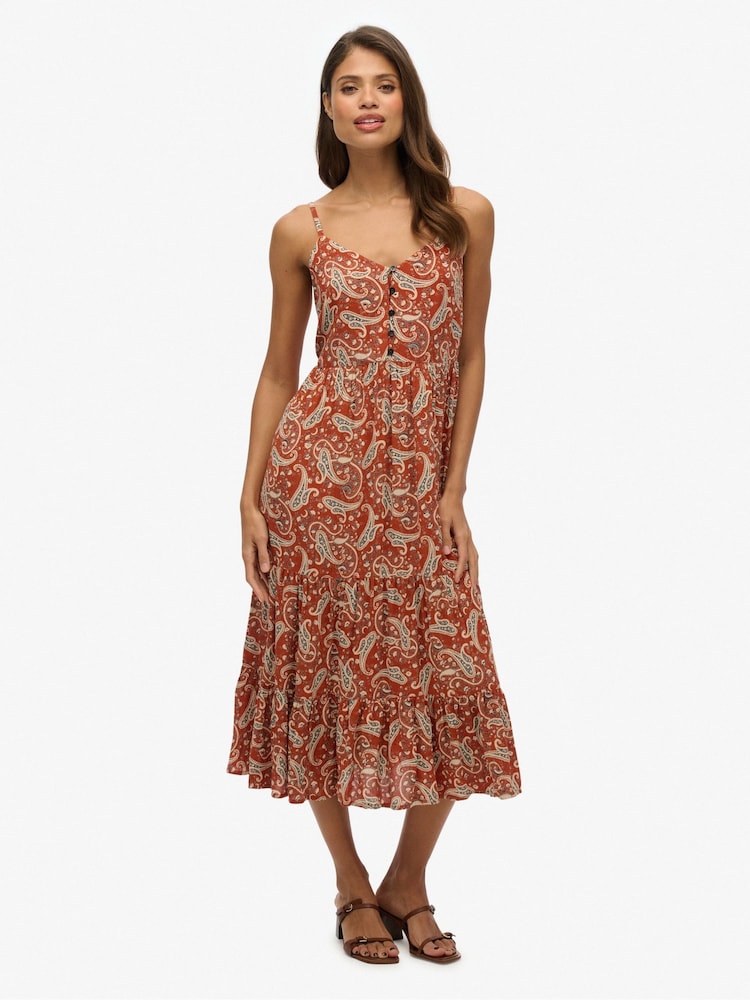Superdry Brown Half Button Tiered Midi Dress - Image 1 of 7