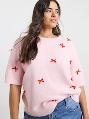 Simply Be Pink Bow Embroidered Knitted Short Sleeve Jumper - Image 1 of 4