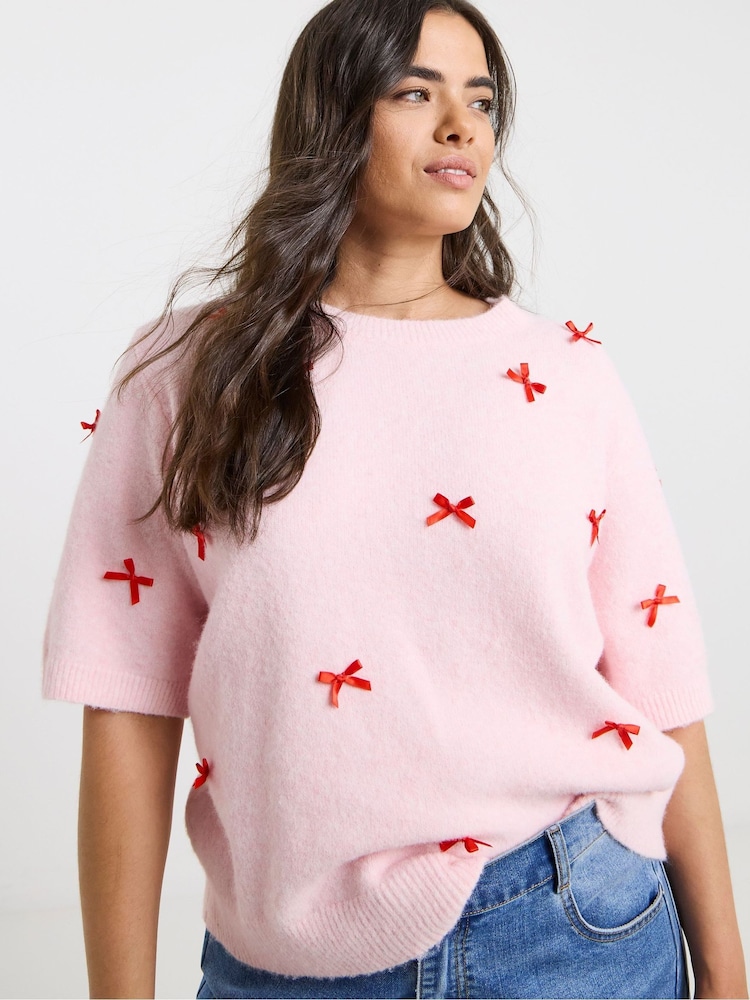 Simply Be Pink Bow Embroidered Knitted Short Sleeve Jumper - Image 1 of 4