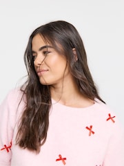 Simply Be Pink Bow Embroidered Knitted Short Sleeve Jumper - Image 2 of 4