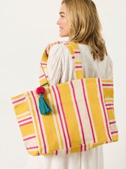 FatFace Mustard Yellow Stripe Beach Bag - Image 1 of 4