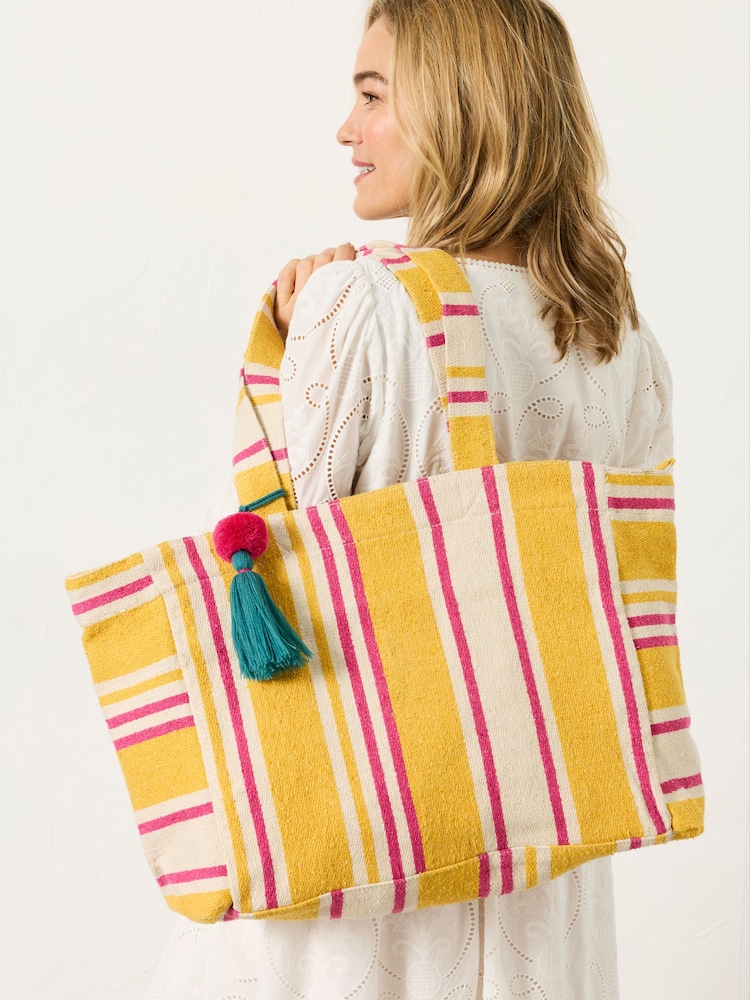 FatFace Mustard Yellow Stripe Beach Bag - Image 1 of 4
