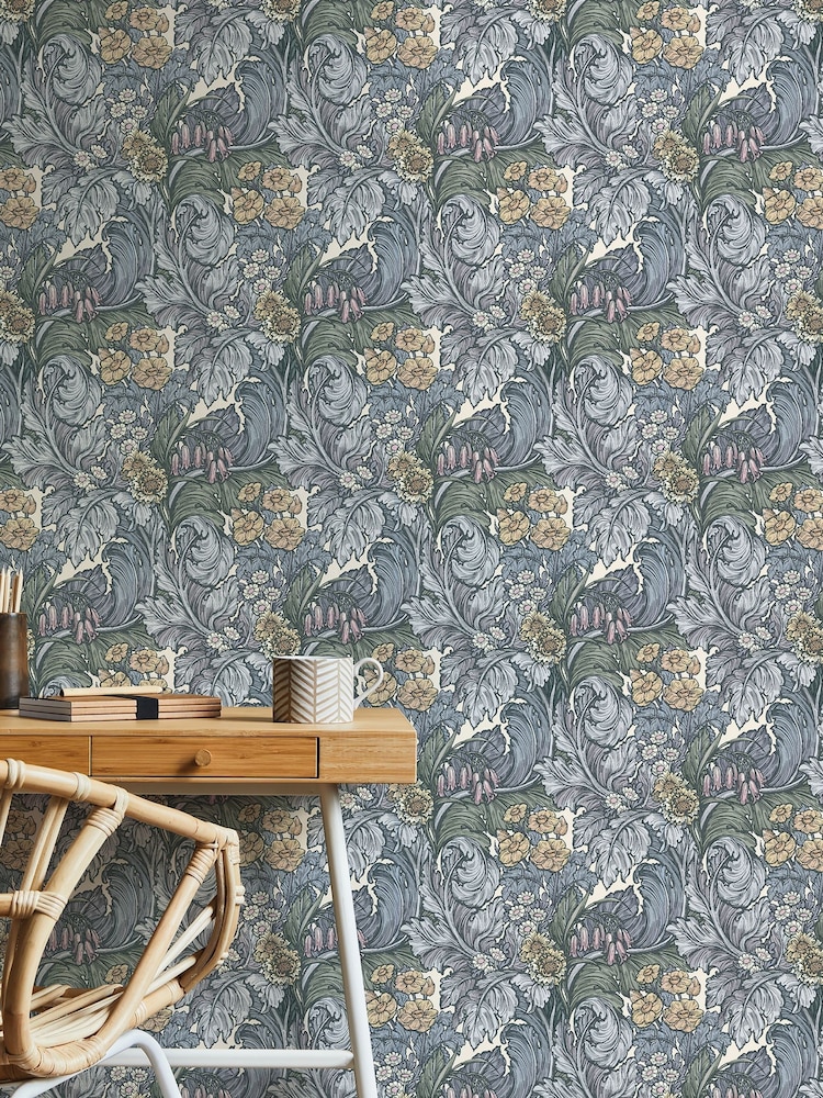Laurence Llewelyn-Bowen Blue Hedgerovia Floral 10M Wallpaper - Image 1 of 4