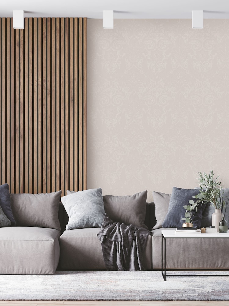 Laurence Llewelyn-Bowen Beige Damask Sauvage Flock 10M Wallpaper - Image 1 of 5
