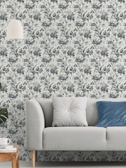Galerie Silver Grey French Country Floral Print 10M Wallpaper - Image 1 of 2
