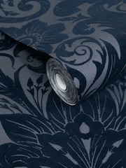 Laurence Llewelyn-Bowen Blue Damask Sauvage Flock 10M Wallpaper - Image 3 of 4