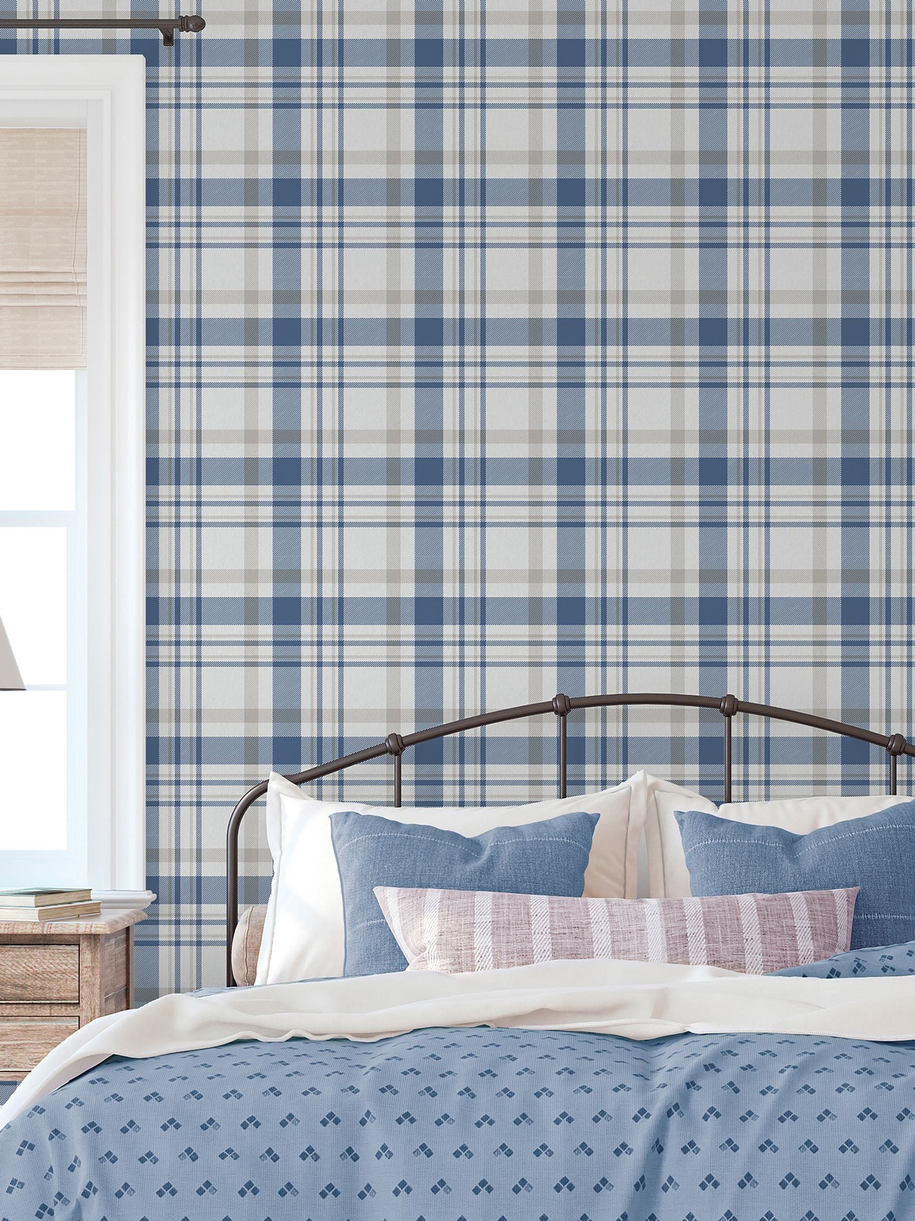 Galerie Unisex Blue Spring Blossom Plaid 10M Wallpaper - Image 1