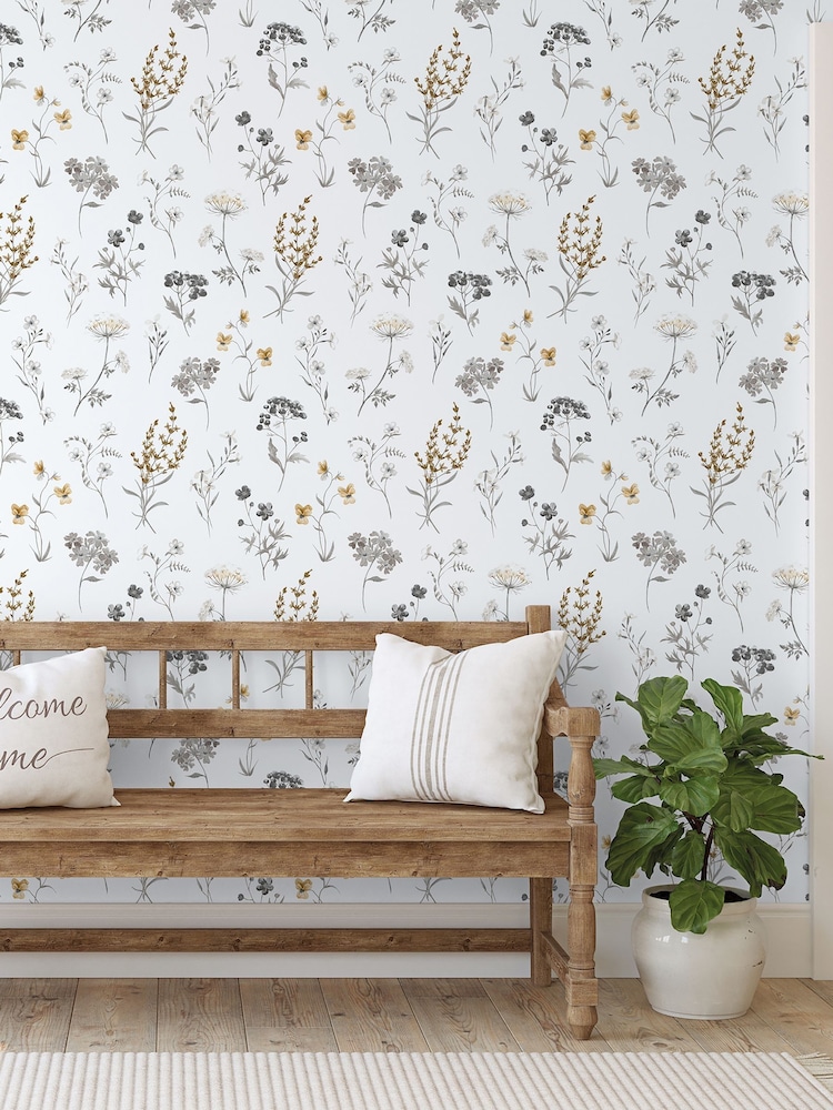 Galerie Silver Grey Spring Blossom Botanical 10M Wallpaper - Image 1 of 2