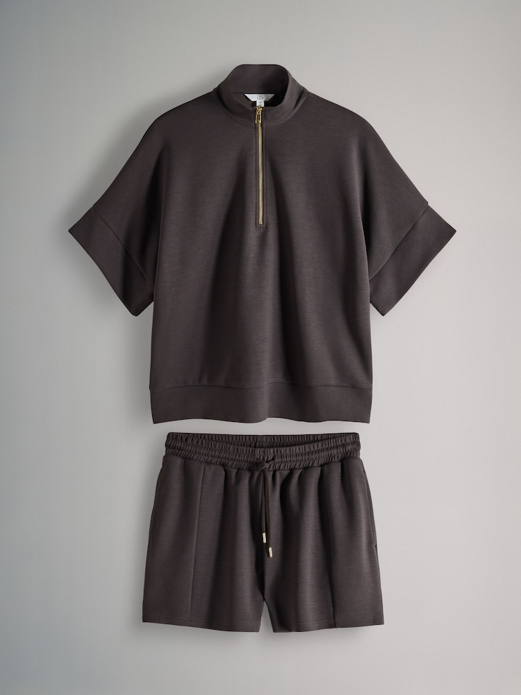 The Set Chocolate Brown 2 Piece Modal Quarter Zip Short Sleeve Sweatshirt / Shorts Coord - Image 1 of 5 The Set Chocolate Brown 2 Piece Modal Quarter Zip Short Sleeve Sweatshirt / Shorts Coord - Image 1 of 5