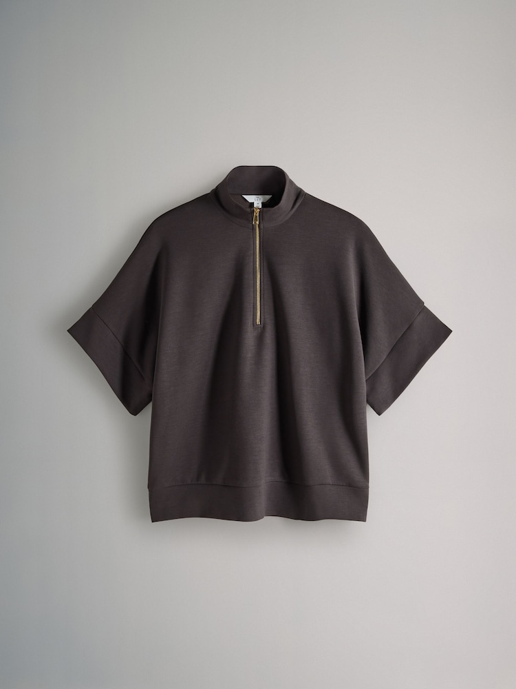 The Set Chocolate Brown 2 Piece Modal Quarter Zip Short Sleeve Sweatshirt / Shorts Coord - Image 2 of 5 The Set Chocolate Brown 2 Piece Modal Quarter Zip Short Sleeve Sweatshirt / Shorts Coord - Image 2 of 5