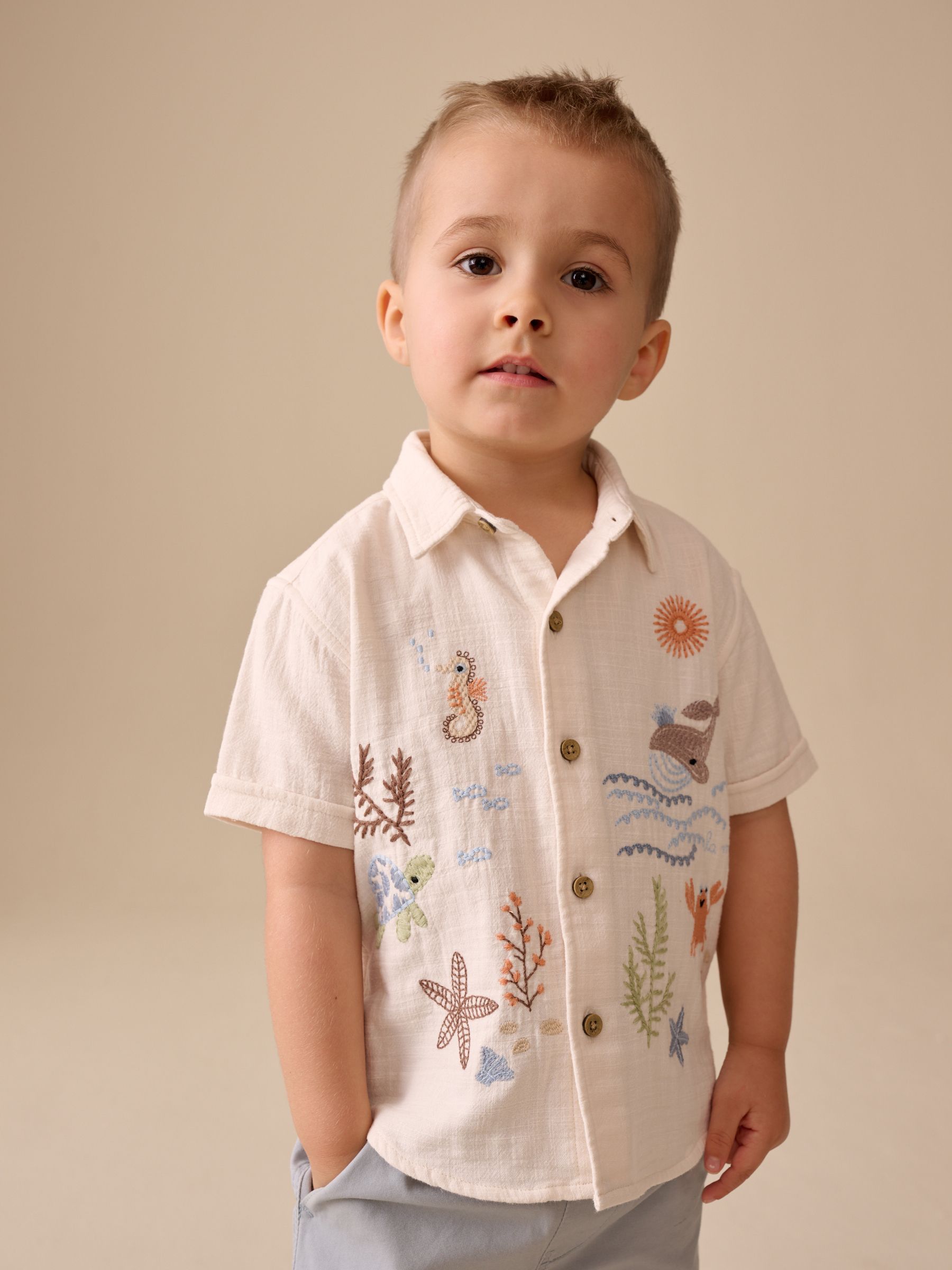 Buy Ecru Sea Life Embroidery Short Sleeve Shirt (3mths-7yrs) from
