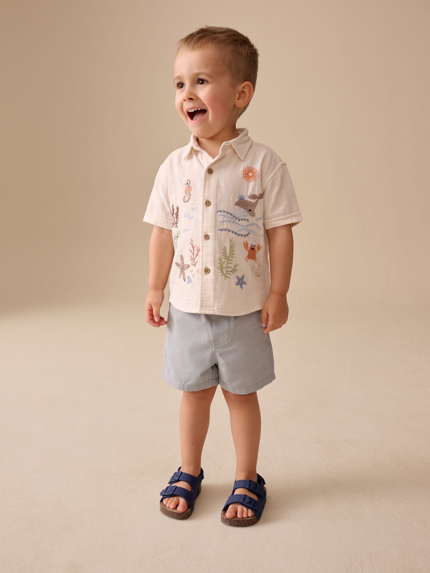 Buy Ecru Sea Life Embroidery Short Sleeve Shirt (3mths-7yrs) from