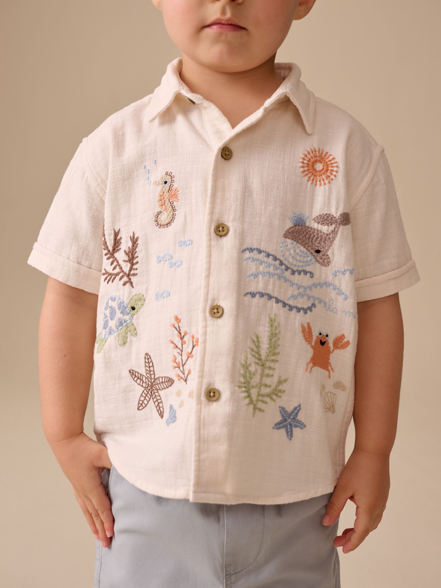 Eaphi EMBROIDERY SHORT SLEEVE SHIRTS Buy Ecru Sea Life Embroidery 