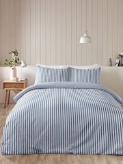 Catherine Lansfield Blue Brushed Stripe Cotton Reversible Duvet Cover Set - Image 1 of 4