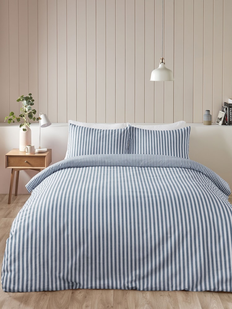 Catherine Lansfield Blue Brushed Stripe Cotton Reversible Duvet Cover Set - Image 1 of 4