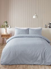 Catherine Lansfield Blue Brushed Stripe Cotton Reversible Duvet Cover Set - Image 2 of 4