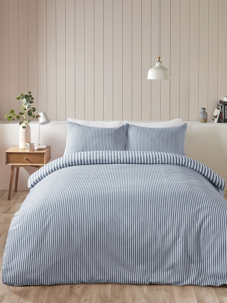 Catherine Lansfield Blue Brushed Stripe Cotton Reversible Duvet Cover Set - Image 2 of 4