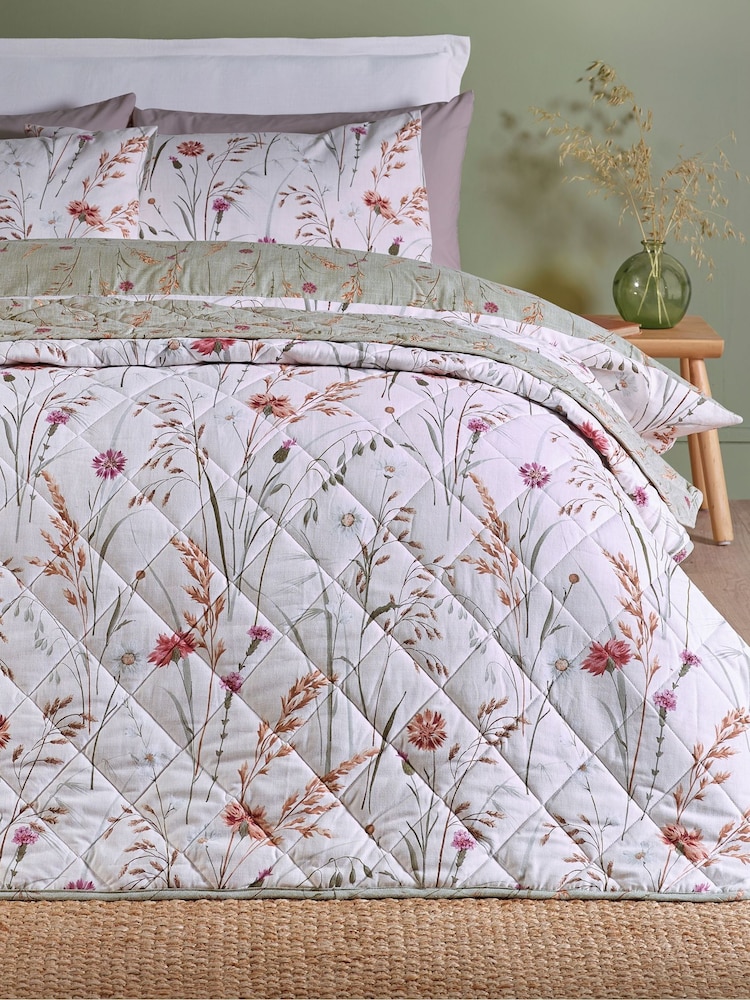 Catherine Lansfield Green Brushed Grasmere Floral Print Quilted Bedspread - Image 1 of 4 Catherine Lansfield Green Brushed Grasmere Floral Print Quilted Bedspread - Image 1 of 4