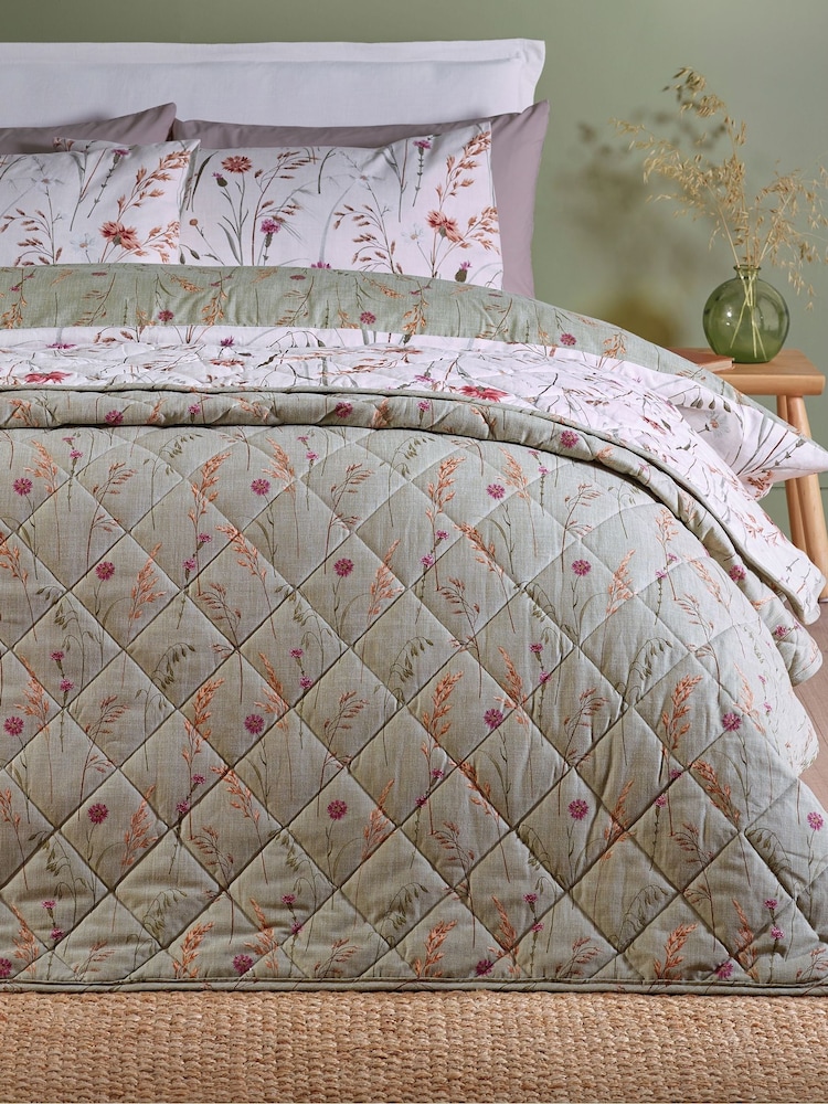 Catherine Lansfield Green Brushed Grasmere Floral Print Quilted Bedspread - Image 2 of 4 Catherine Lansfield Green Brushed Grasmere Floral Print Quilted Bedspread - Image 2 of 4
