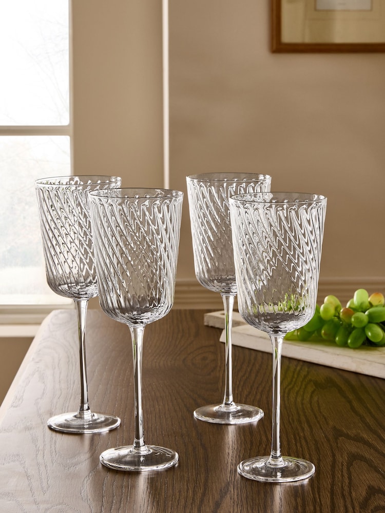 Nina Campbell Set of 4 Clear Embossed Swirl Wine Glasses - Image 2 of 5