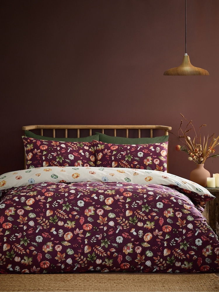Catherine Lansfield Plum Autumn Pumpkins Reversible Duvet Cover Set - Image 1 of 4 Catherine Lansfield Plum Autumn Pumpkins Reversible Duvet Cover Set - Image 1 of 4
