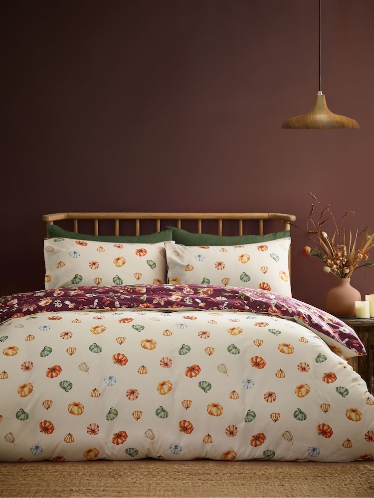Catherine Lansfield Plum Autumn Pumpkins Reversible Duvet Cover Set - Image 2 of 4 Catherine Lansfield Plum Autumn Pumpkins Reversible Duvet Cover Set - Image 2 of 4