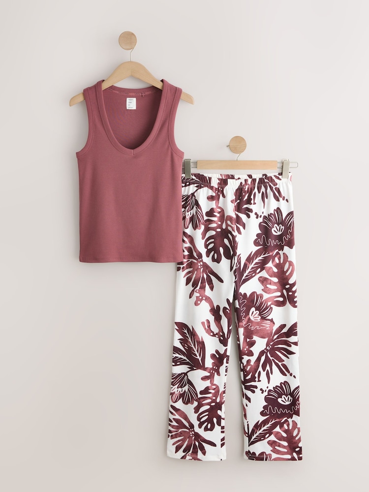 Berry Red Leaves Rib Vest Pyjamas - Image 1 of 3 Berry Red Leaves Rib Vest Pyjamas - Image 1 of 3