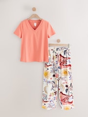 Ροζ ροδακινί φλοράλ Τύπωμα - Πιζάμες, κοντό μανίκι - Εικόνα 6 του 8